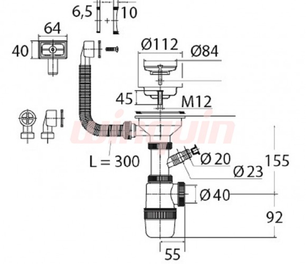 ВП 7089 Сифон"Элит"с нержчашкой д.112мм,отв.для СМ квад. и круг.перел.(31/2-40мм)