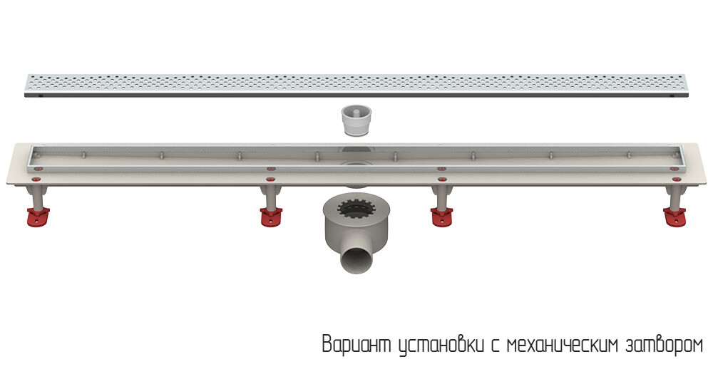 Трап линейный ABS-пластик, сухой + гидрозатвор, 70х1000мм (горизонт выпуск,ф50), нерж решетка типа A (волна) (ТП-55.1A-1000)