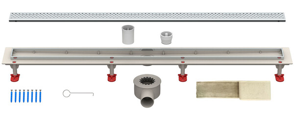 Трап линейный ABS-пластик, сухой + гидрозатвор, 70х1000мм (горизонт выпуск,ф50), нерж решетка типа A (волна) (ТП-55.1A-1000)