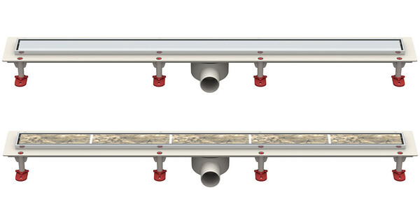 Трап линейный ABS-пластик, сухой + гидрозатвор, 70х1000мм (горизонт выпуск,ф50), нерж решетка типа C (щелевая, под плитку) (ТП-55.1C-1000)