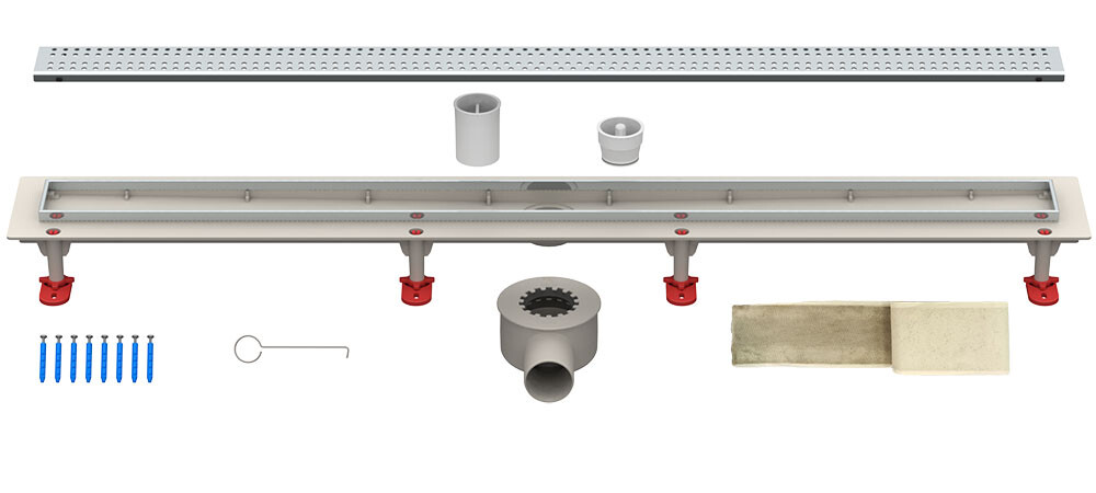 Трап линейный ABS-пластик, сухой + гидрозатвор, 70х 900мм (горизонт выпуск,ф50), нерж решетка типа B (прямая) (ТП-55.1B-900)