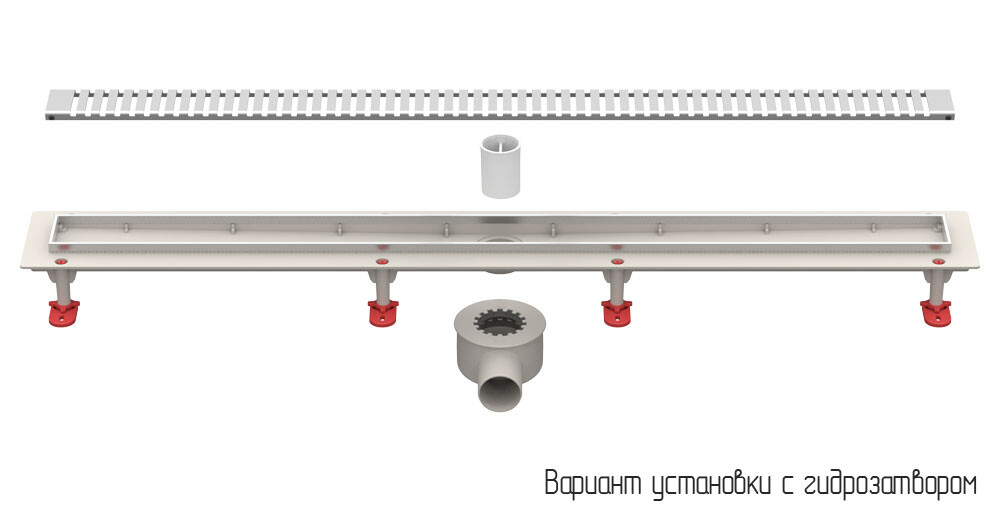 Трап линейный ABS-пластик, сухой + гидрозатвор, 70х 800мм (горизонт выпуск,ф50), нерж решетка типа D (полосы) (ТП-55.1D-800)