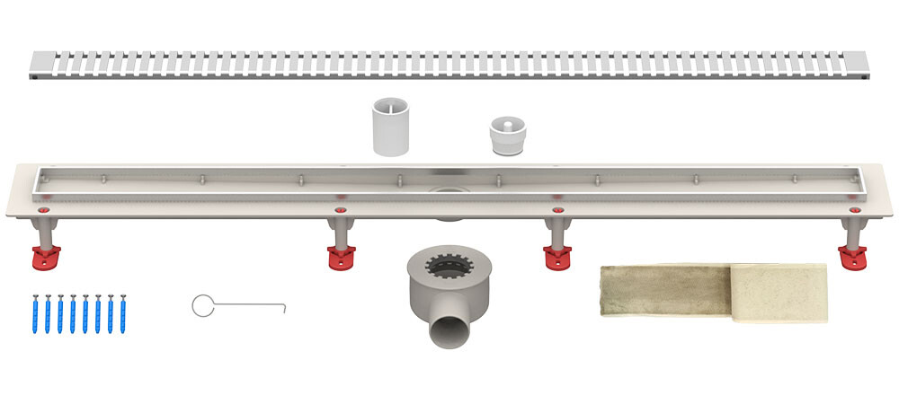 Трап линейный ABS-пластик, сухой + гидрозатвор, 70х 700мм (горизонт выпуск,ф50), нерж решетка типа D (полосы) (ТП-55.1D-700)
