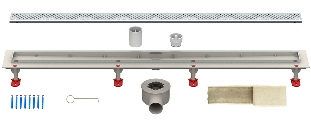 Трап линейный ABS-пластик, сухой + гидрозатвор, 70х 600мм (горизонт выпуск,ф50), нерж решетка типа A (волна) (ТП-55.1A-600)
