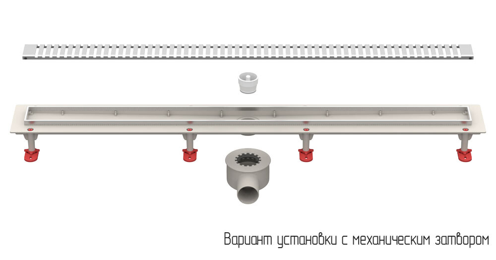 Трап линейный ABS-пластик, сухой + гидрозатвор, 70х 600мм (горизонт выпуск,ф50), нерж решетка типа D (полосы) (ТП-55.1D-600)