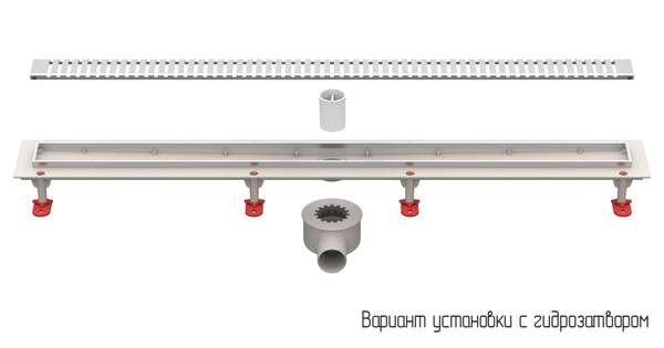 Трап линейный ABS-пластик, сухой + гидрозатвор, 70х 600мм (горизонт выпуск,ф50), нерж решетка типа D (полосы) (ТП-55.1D-600)