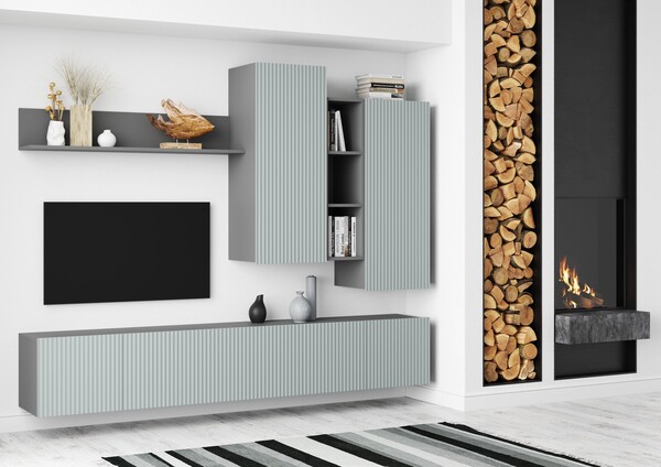 СКАНДИ НМ-001 Стенка МДФ ( Комплект ) Корпус - Серый Шифер  Фасад МДФ - матовая Грин Грей Софт (3 места) ЧШ591 КАТЕГОРИЯ А