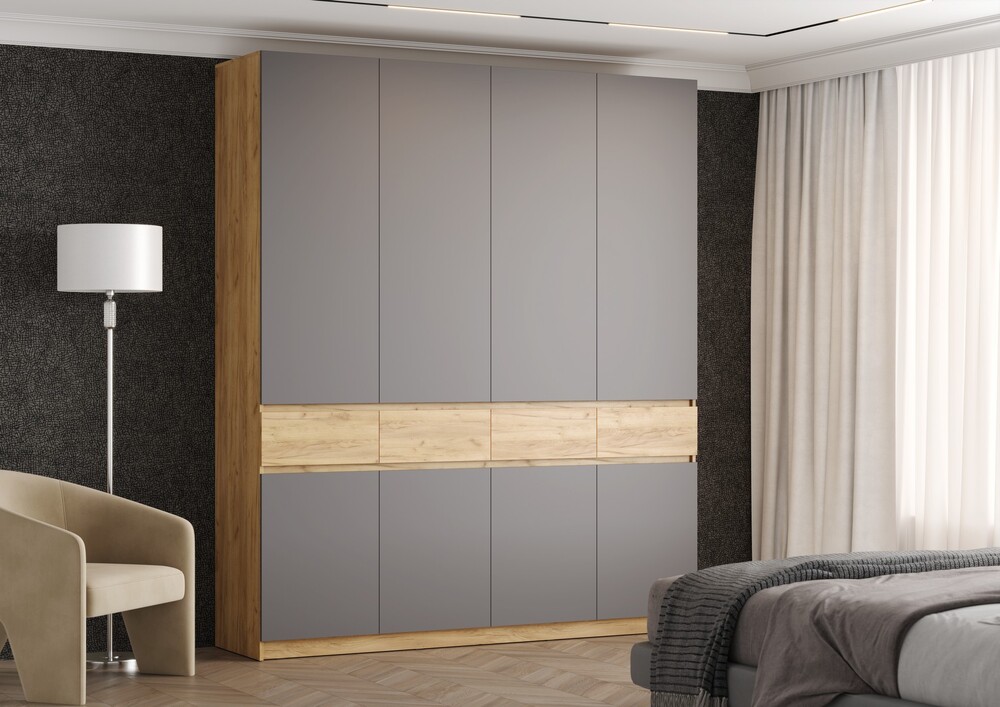 БОСТОН ШК-004 Шкаф 4-ств. ЛДСП (Комплект) Корпус - Дуб Крафт золотой  Фасад ЛДСП - Серый Шифер / Дуб Крафт золотой (6 мест) ЧЮ381 КАТЕГОРИЯ А