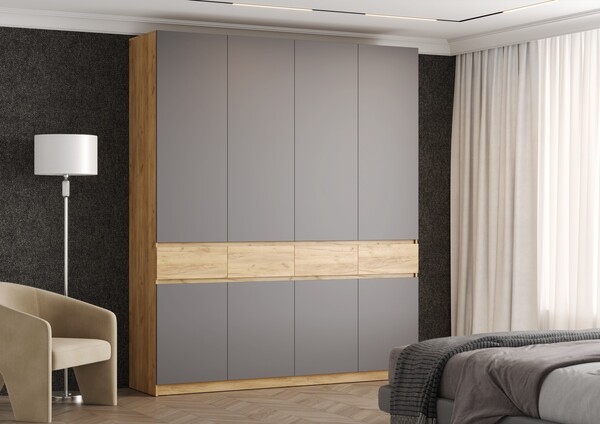 БОСТОН ШК-004 Шкаф 4-ств. ЛДСП (Комплект) Корпус - Дуб Крафт золотой  Фасад ЛДСП - Серый Шифер / Дуб Крафт золотой (6 мест) ЧЮ381 КАТЕГОРИЯ А