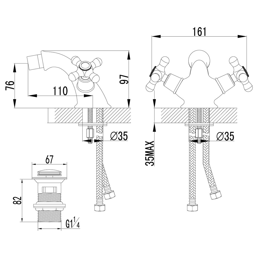 LM2808B Vintage Смеситель для биде с донным клапаном клик-клак, бронза LEMARK