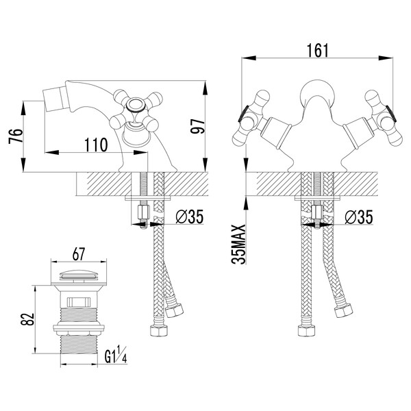 LM2808B Vintage Смеситель для биде с донным клапаном клик-клак, бронза LEMARK
