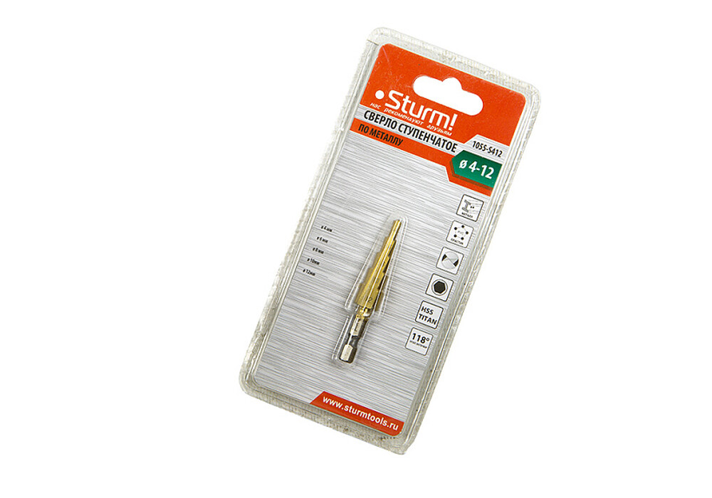 1055-S412К Сверло ступенчатое по металлу 4-12мм шаг 1мм HSS+TIN прямое Sturm!