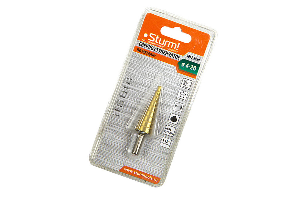 1055-S420К Сверло ступенчатое по металлу 4-20мм шаг 2мм HSS+TIN прямое Sturm!
