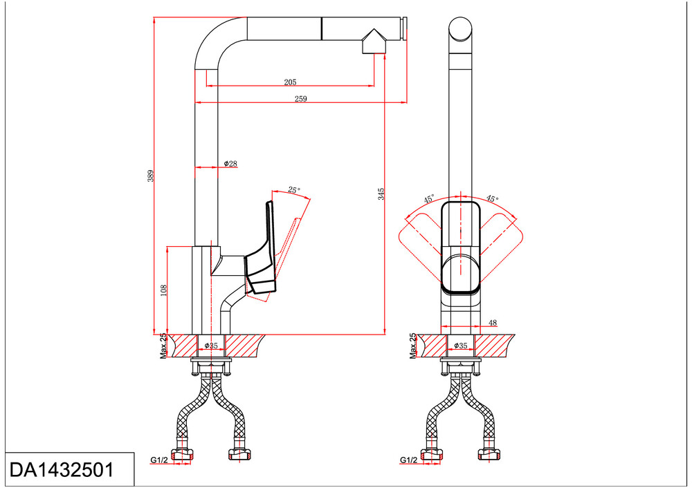 DA1432501 Смеситель д/кухни 38,5к D&K, высокий пов излив, с выдвижной лейкой, хром
