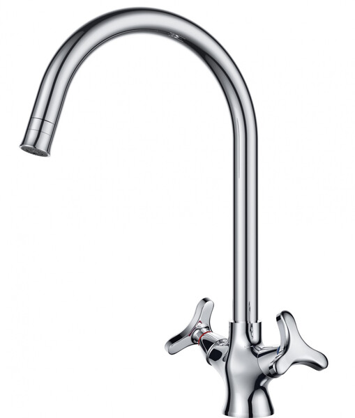 DA1382441 Смеситель д/кухни 1/2 кер D&K с двумя рукоятками, с высоким поворотным изливом, п/гайку, хром