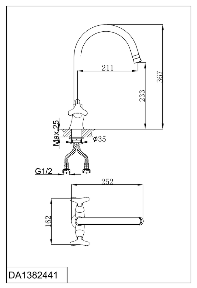 DA1382441 Смеситель д/кухни 1/2 кер D&K с двумя рукоятками, с высоким поворотным изливом, п/гайку, хром