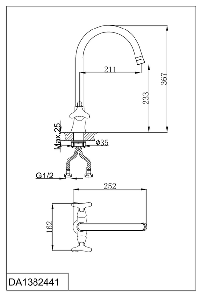 DA1382441 Смеситель д/кухни 1/2 кер D&K с двумя рукоятками, с высоким поворотным изливом, п/гайку, хром