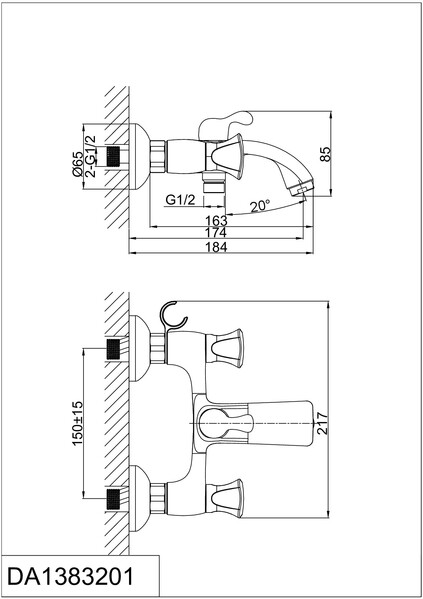 DA1383201 Смеситель д/ванны 1/2 кер D&K с двумя рукоятками, короткий излив, хром