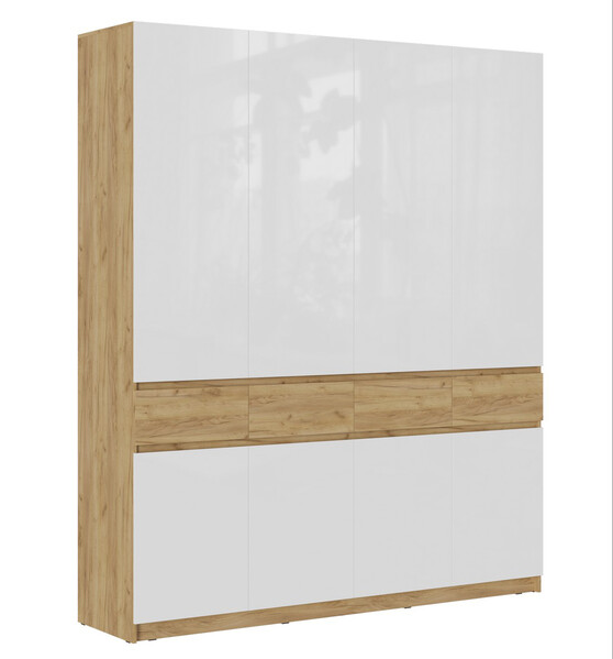 БОСТОН ШК-004 Шкаф 4-ств. МДФ (Комплект) Корпус-Дуб Крафт золотой  Фасад МДФ - глянцевая Белый / Дуб Крафт золотой (6 мест) ЧЮ382 КАТЕГОРИЯ А