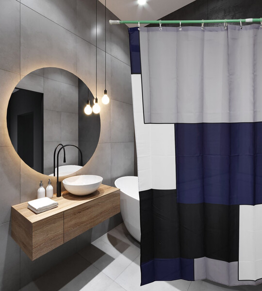 Штора д/ванн SANTREK HOME 180х180 ФОТОПРИНТ Polyester 20106 с кольцами Квадрат синий (П203)