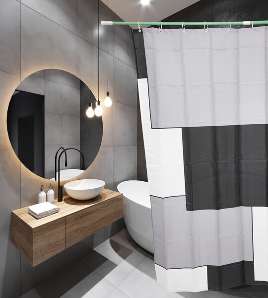 Штора д/ванн SANTREK HOME 180х180 ФОТОПРИНТ Polyester 20106 с кольцами Квадрат чёрный (П213)
