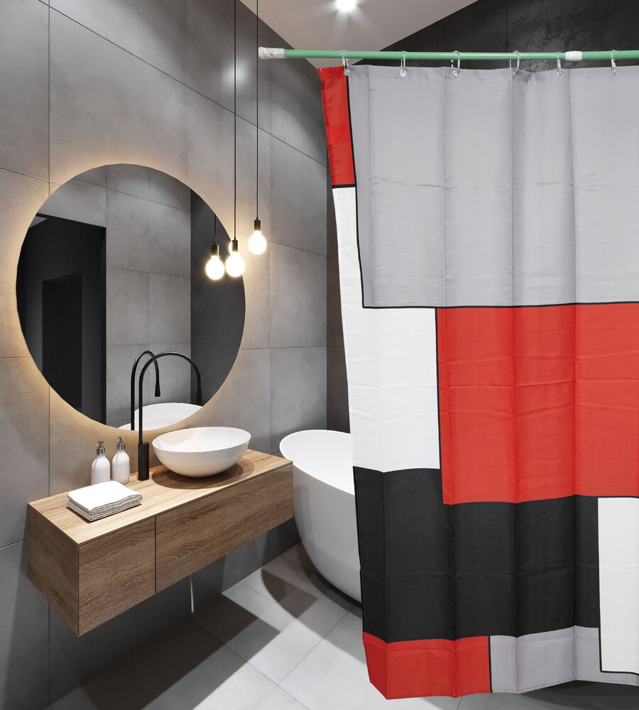 Штора д/ванн SANTREK HOME 180х180 ФОТОПРИНТ Polyester 20106 с кольцами Квадрат Красный (П211) АКЦИЯ!!!