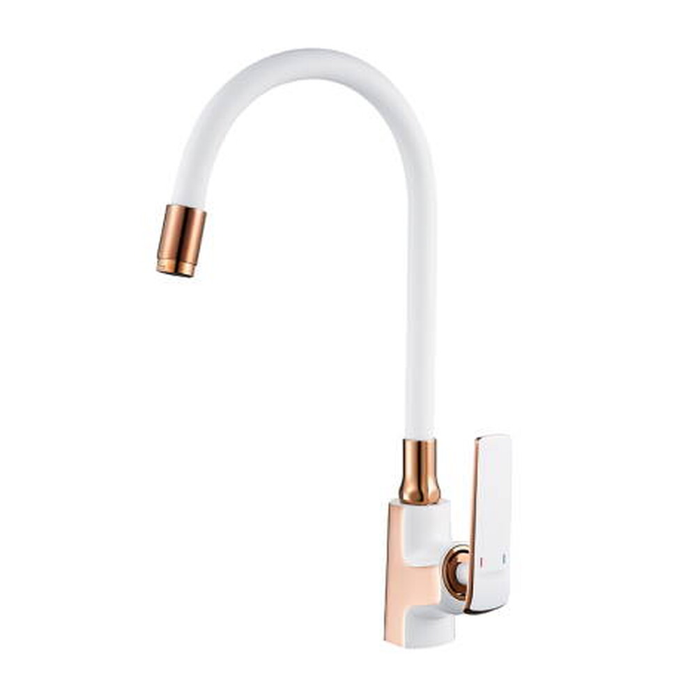 4074WR-3 Смеситель Кухня LEDEME с силиконовым изливом шар. d-35 на гайке (белый/роз золото)