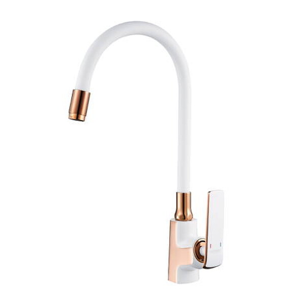 4074WR-3 Смеситель Кухня LEDEME с силиконовым изливом шар. d-35 на гайке (белый/роз золото)