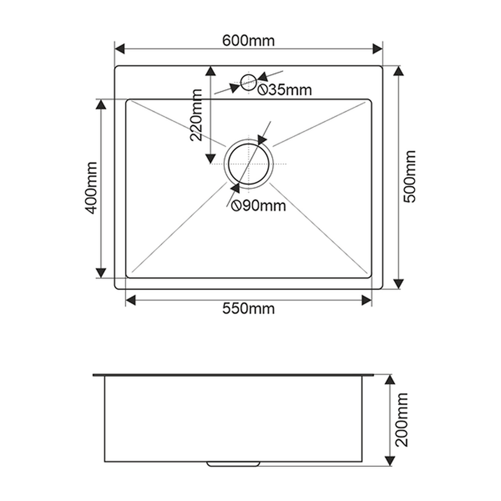Мойка нерж врезная 600х500х200 т 3,0 САТИН R6050H (+ сифон) AISI 304 MLN БЕЗ КОЛЛАНДЕРА