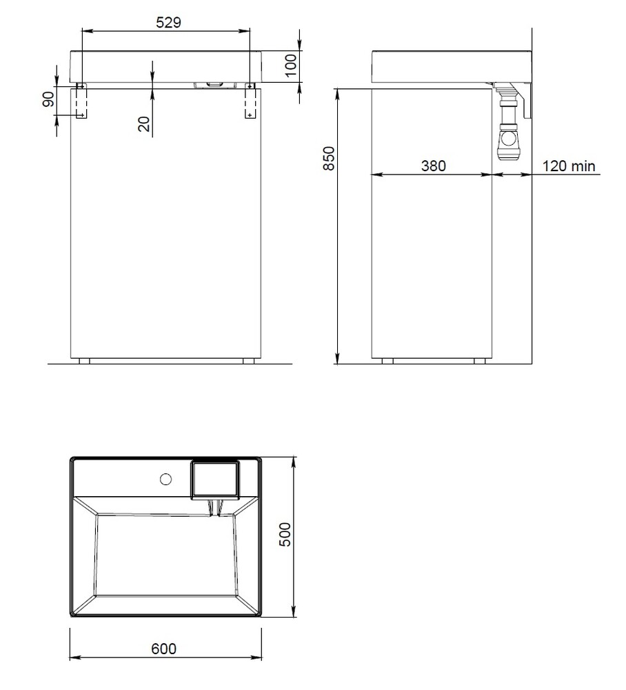 Умывальник "Cometa 55" (литьевой мрамор, 600х550) подвесной/над стиральной машиной