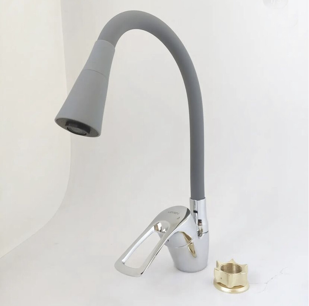 Смеситель Кухня Lemen D40 боковой (LB 91477 Н8) хром, серый гибкий излив с лейкой-аэратором,гайка,цинк