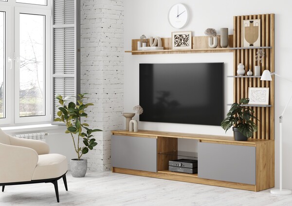 БОСТОН Стенка ЛДСП НМ-001 (Комплект) Корпус - Дуб Крафт золотой/Серый Шифер  Фасад ЛДСП - Серый Шифер (4 места) ЧШ665 КАТЕГОРИЯ А СНЯТО 