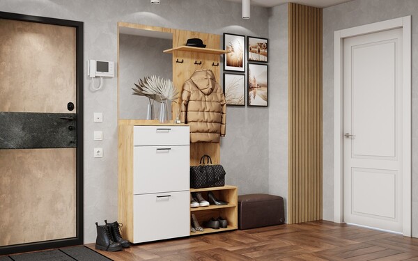 Монтана Прихожая корпус Дуб Крафт золотой/фасад ЛДСП Белый Гладкий (3 места) УИ985 КАТЕГОРИЯ А