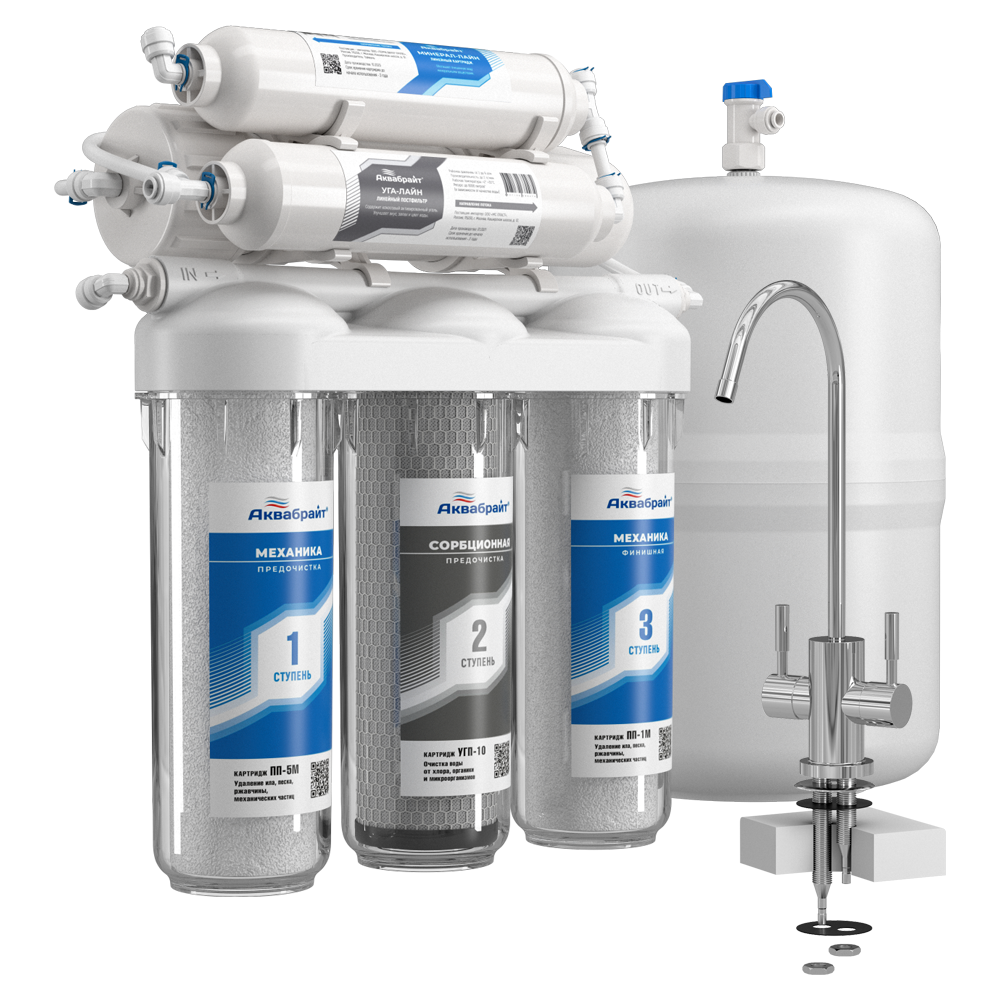 Фильтр проточный Аквабрайт Осмо 6 ступеней, с-ма обратного осмоса под мойку с краном + бак 12л АБФ-ОСМО-6