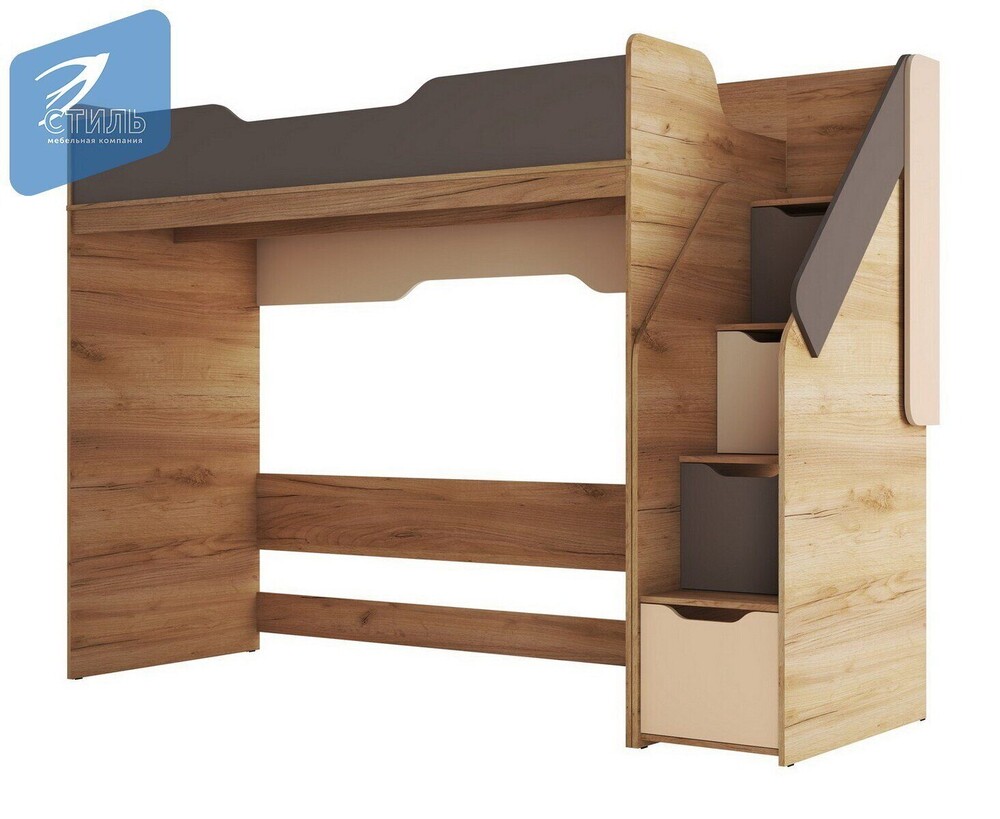 RICH Кровать-чердак КР-001 ()0,8х2,0м) Дуб Крафт золотой/Миндаль / Глиняный серый (5 мест) ЧЧ219 КАТЕГОРИЯ А