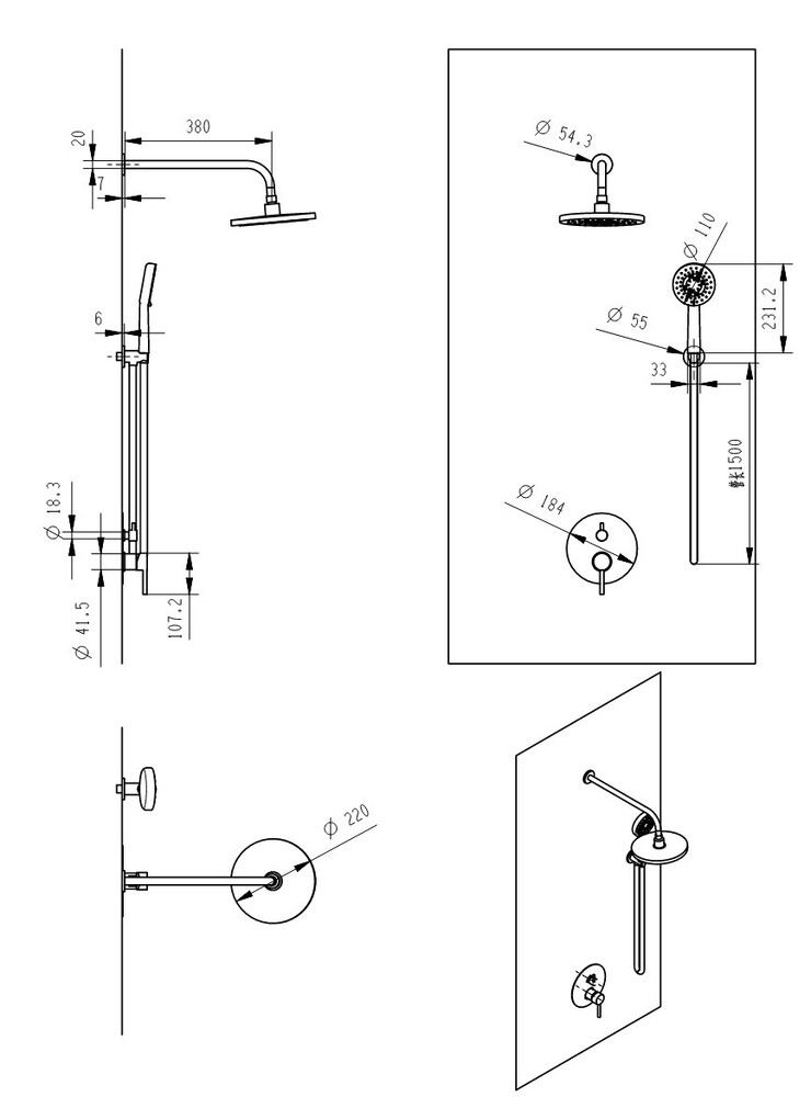 Смеситель Душ ВСТРАИВАЕМЫЙ SANTREK AQUA-1050  (SAP-1050) круглая лейка, черный (диаметр троп лейки 22.5см)