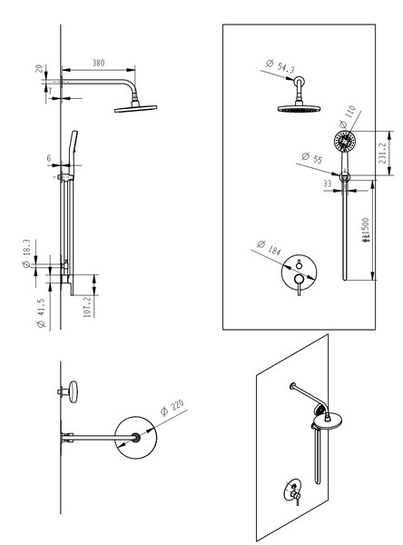 Смеситель Душ ВСТРАИВАЕМЫЙ SANTREK AQUA-1050  (SAP-1050) круглая лейка, черный (диаметр троп лейки 22.5см)