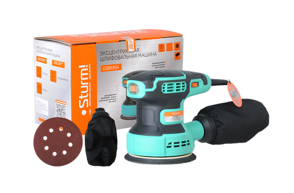 OS8135R Эксцентриковая шлифмашина 350Вт, d=125мм, рег.обор.5000-12000об/мин, ПЫЛЕСБОРНИК,Sturm!