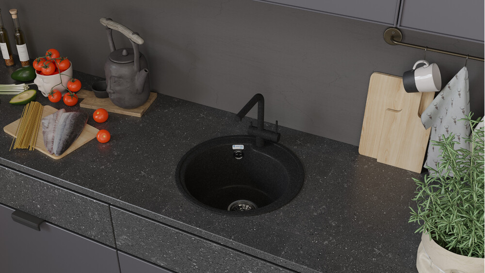 Мойка SANTREK AQUA PRO ROUND SA-R450 D=443 мм, круглая (черный-308) (+сифон)