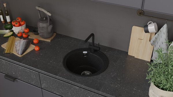 Мойка SANTREK AQUA PRO ROUND SA-R450 D=443 мм, круглая (черный-308) (+сифон)