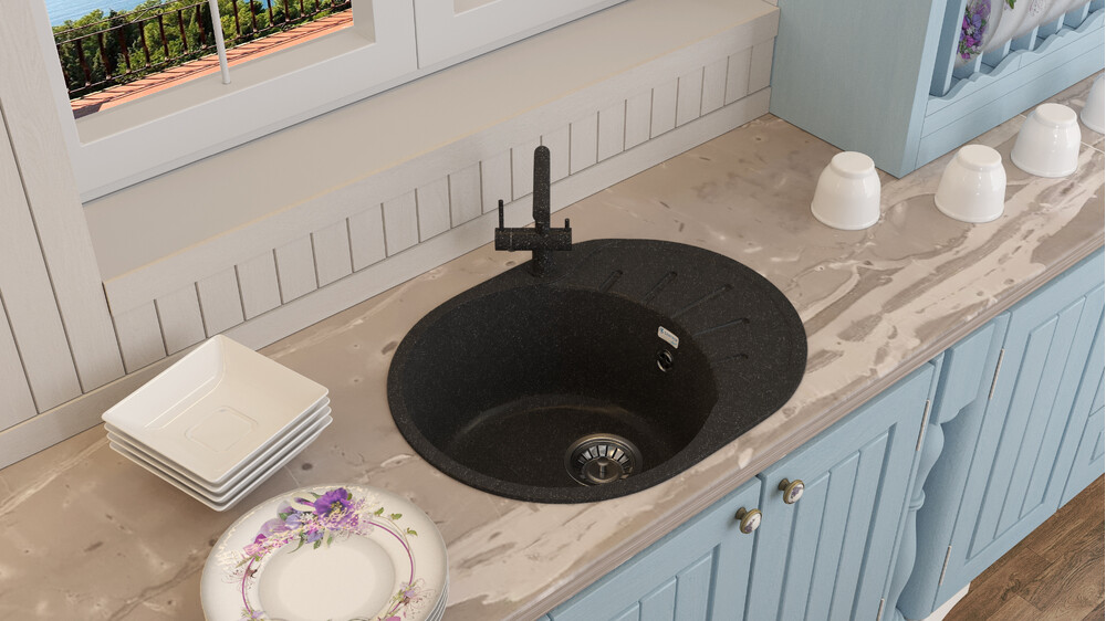 Мойка SANTREK AQUA PRO ROUND SA-R580L чаша + крыло 580*450 мм (черный-308) (+сифон)