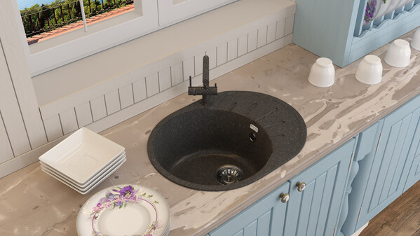 Мойка SANTREK AQUA PRO ROUND SA-R580L чаша + крыло 580*450 мм (графит-309) (+сифон)