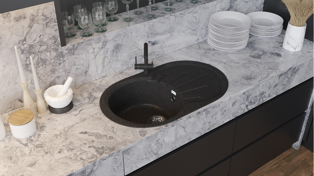 Мойка SANTREK AQUA PRO ROUND SA-R750L чаша + крыло 750*460 мм (черный-308) (+сифон)