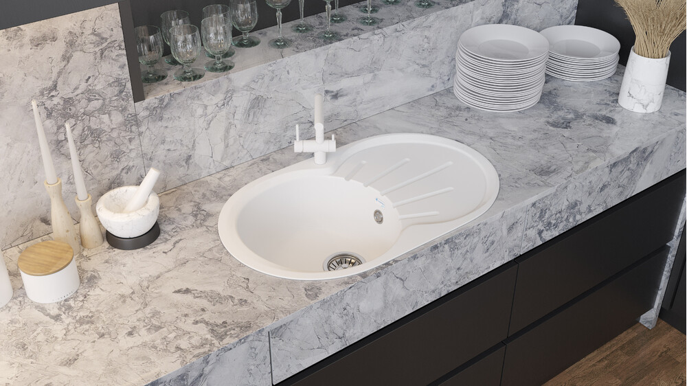 Мойка SANTREK AQUA PRO ROUND SA-R750L чаша + крыло 750*460 мм (иней-321) (+сифон)