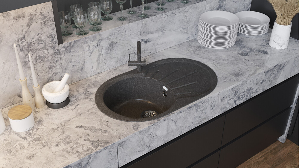 Мойка SANTREK AQUA PRO ROUND SA-R750L чаша + крыло 750*460 мм (графит-309) (+сифон)