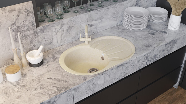 Мойка SANTREK AQUA PRO ROUND SA-R750L чаша + крыло 750*460 мм (песок-302) (+сифон)