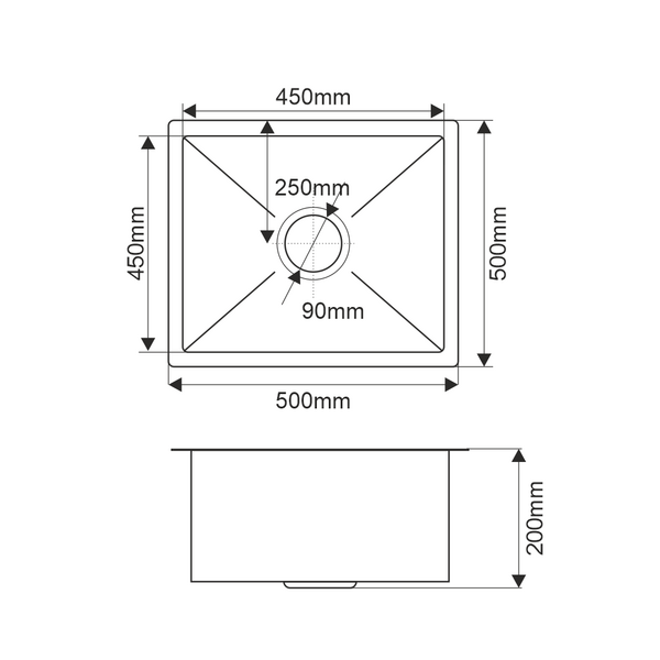 Мойка нерж врезная 500х500х200 т 3,0 САТИН R5050W подстольный монтаж (+ сифон )  AISI 304 MLN