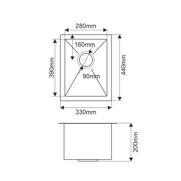 Мойка нерж врезная 330х440х200 т 3,0 САТИН R3344H подстольный монтаж (+ сифон )  AISI 304 MLN