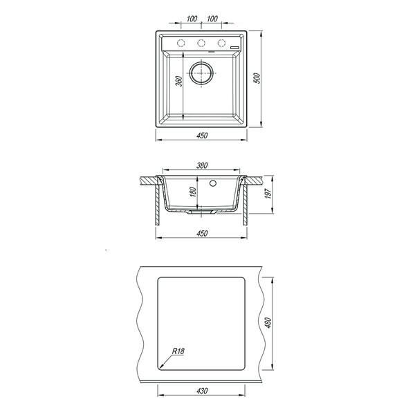 Мойка 9910011 HANKA 450 кухонная из кварцгранита, СЕРЫЙ ШЕЛК 450*500 прямоугольная 1чаша  (крепеж, сливная арматура с переливом) LEMARK