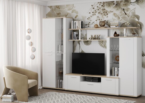 СОЛО-10 А Стенка Корпус - Белый (Гладкий) / Дуб Сонома светлый  Фасад ЛДСП - Белый (Гладкий) (6 мест) ОД937 КАТЕГОРИЯ А